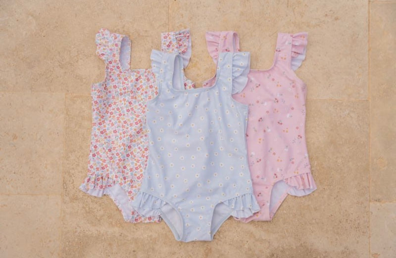 Little Dutch - Swimsuit Short Sleeves Ruffles Blue Daisies UPF 50+ - Swanky Boutique
