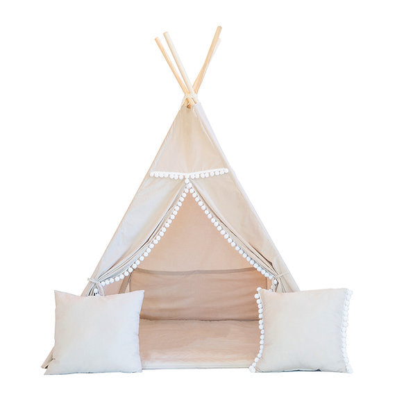 Teepee Tent Incl Floor Mat & 2 Cushions - Latte with Pom Poms