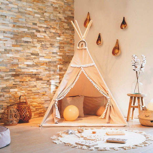 Teepee Tent Incl Floor Mat Cushions Latte with Pom Poms