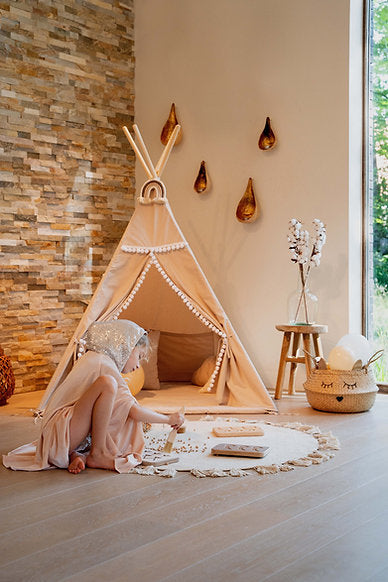 Teepee Tent Incl Floor Mat & 2 Cushions - Latte with Pom Poms