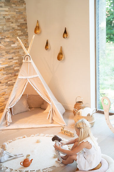 Teepee Tent Incl Floor Mat & 2 Cushions - Latte with Pom Poms