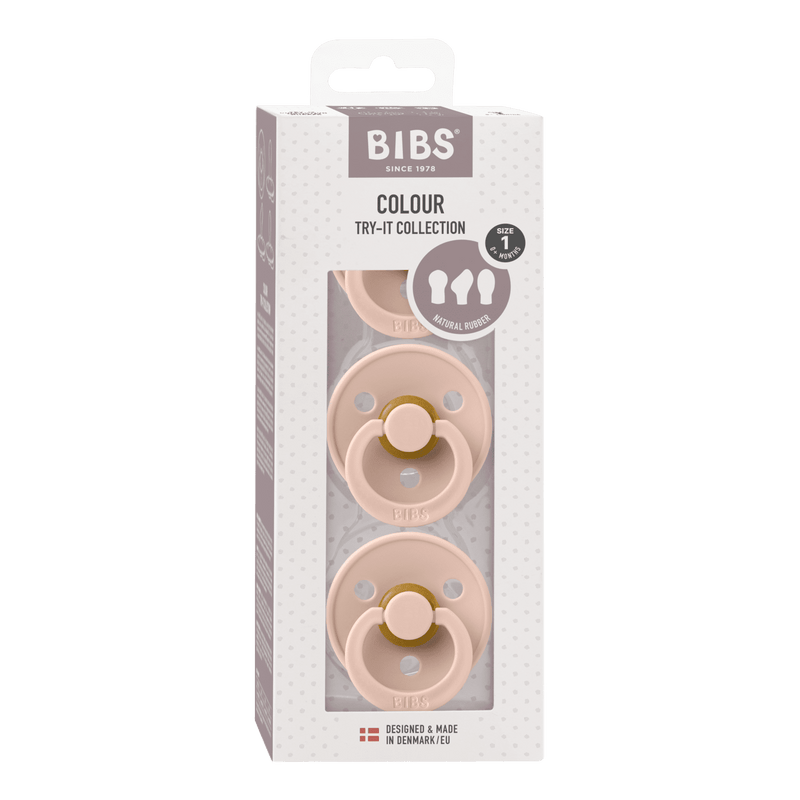 BIBS Pacifiers 3-Pack, Size 1 (0+ Months) Try-It (Symmetrical, Anatomical & Round) - Blush Swanky Boutique