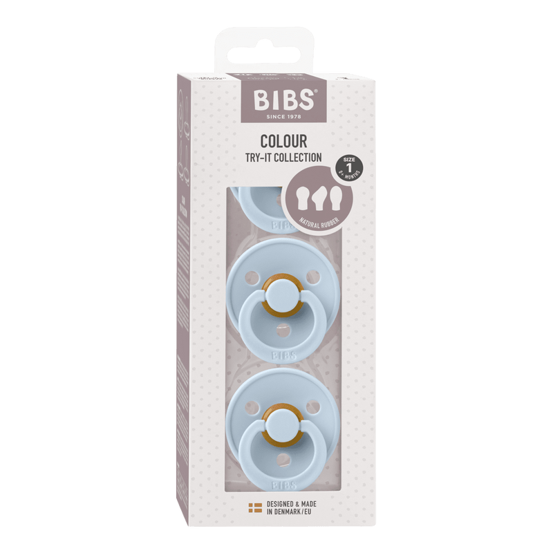 BIBS Pacifiers 3-Pack, Size 1 (0+ Months) Try-It (Symmetrical, Anatomical & Round) - Blue Swanky Boutique