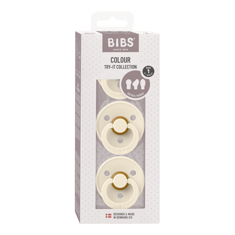 BIBS Pacifiers 3-Pack, Size 1 (0+ Months) Try-It (Symmetrical, Anatomical & Round) - Ivory Swanky Boutique