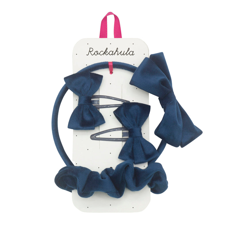 Hair Accessories - Velvet Bow School Hair Set Blue