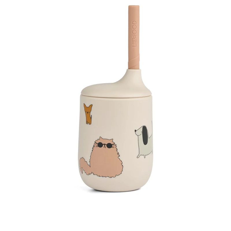 Ellis Sippy Cup with Straw, Silicone - Cats and Dogs/ Sandy