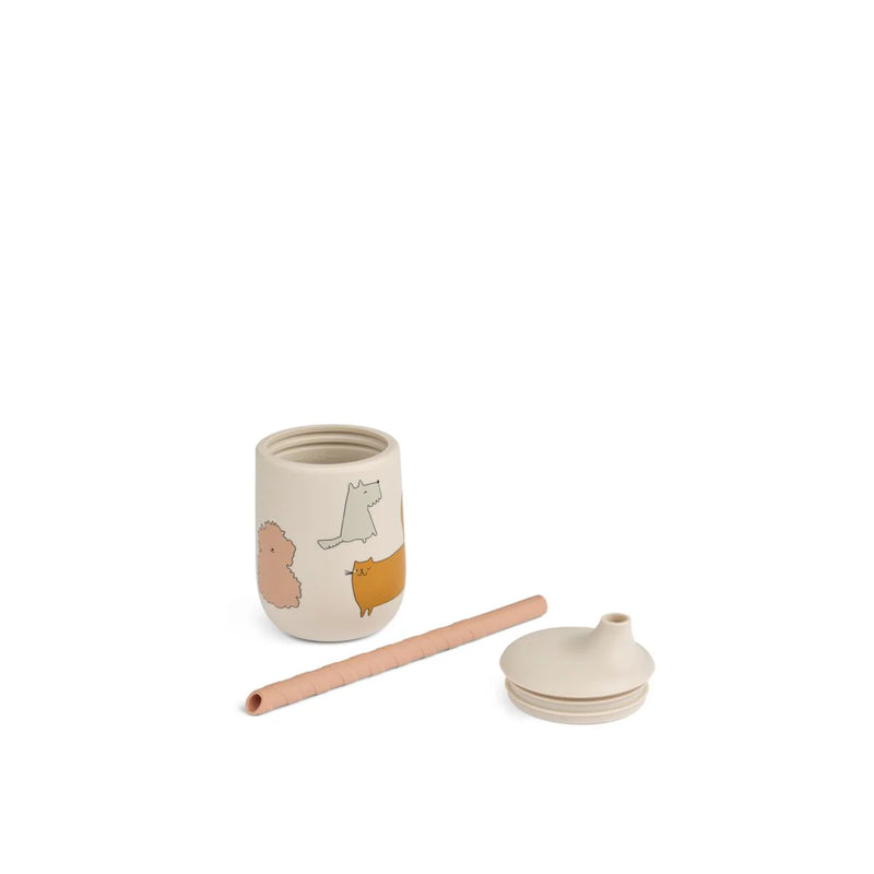Ellis Sippy Cup with Straw, Silicone - Cats and Dogs/ Sandy