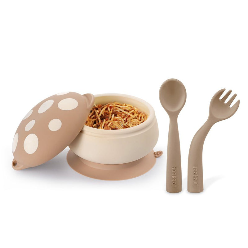 Silicone Mushroom Bowl & Bendy Cutlery Set - Toast