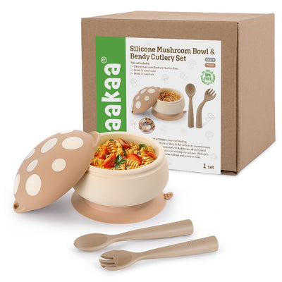 Silicone Mushroom Bowl & Bendy Cutlery Set - Toast