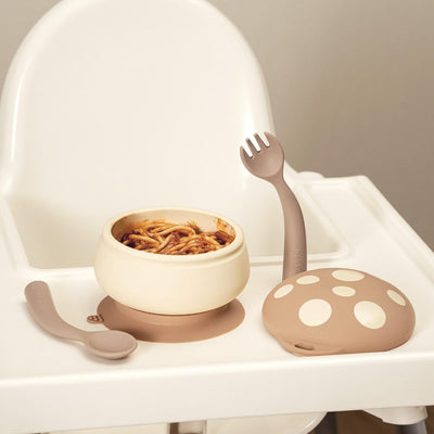 Silicone Mushroom Bowl & Bendy Cutlery Set - Toast