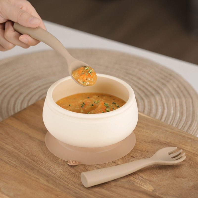 Silicone Mushroom Bowl & Bendy Cutlery Set - Toast