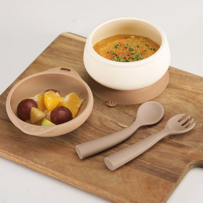 Silicone Mushroom Bowl & Bendy Cutlery Set - Toast