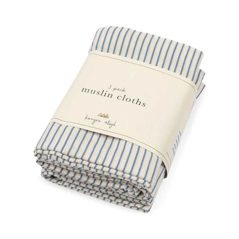Konges Slojd-Muslin Cloths, 3-Pack - Stripe Blue-Swanky Boutique Malta 