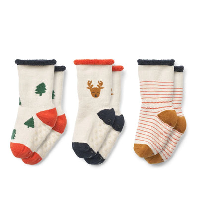 Liewood Eloy Baby Socks 3-Pack Holiday reindeer  Sandy mix - Swanky Boutique