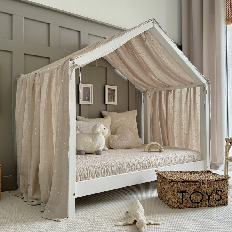 Luletto Muslin Canopy for House Beds Beige Silver Stars - Swanky Boutique Malta