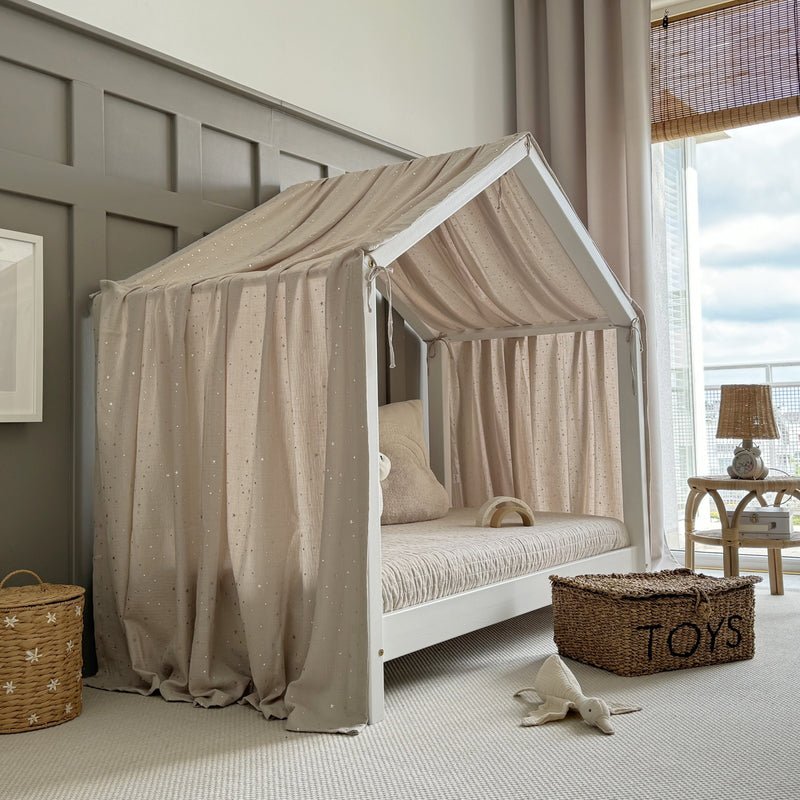 Luletto Muslin Canopy for House Beds Beige Silver Stars - Swanky Boutique Malta