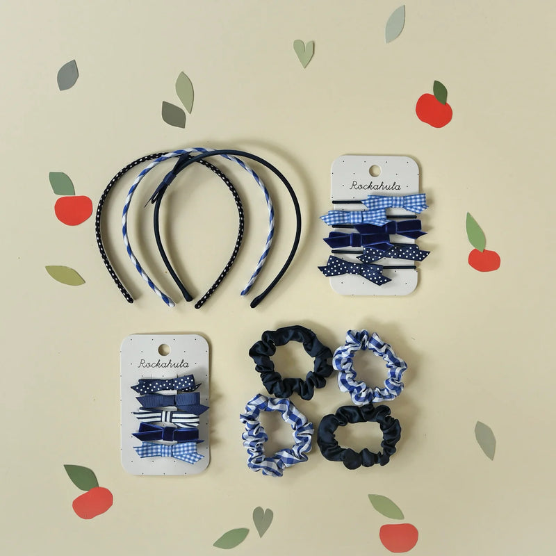 Rockahula-Hair Accessories -  School Check and Satin Scrunchie Set Blue-Swanky Boutique Malta 