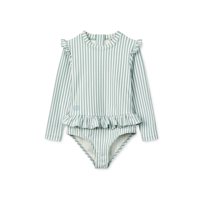 Long-Sleeved Swimsuit, Sille - Sea Blue/ White