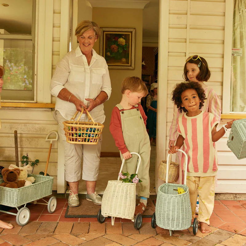 Basket on wheels, Luggy - Rattan Vintage Blue