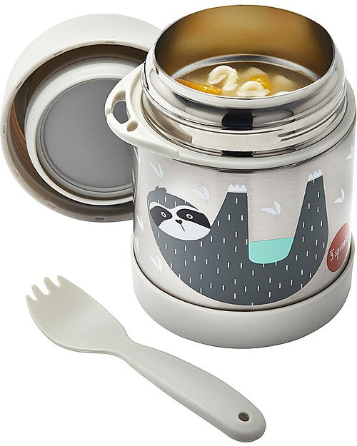 3 Sprouts - Food Holder Thermos Stainless Steel with Spoon Grey Sloth - Swanky Boutique