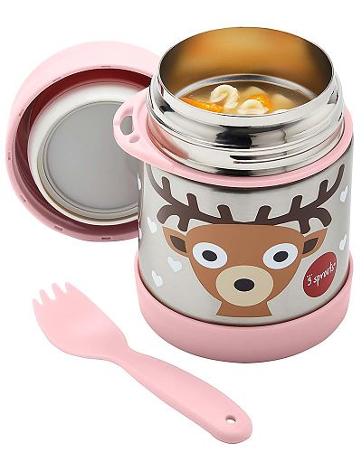 3 Sprouts - Food Holder Thermos Stainless Steel with Spoon Pink Fawn - Swanky Boutique