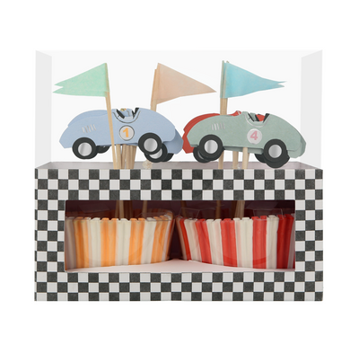 meri meri - cupcake kit set of 24 toppers & 24 cupcake cases race cars - swanky boutique malta