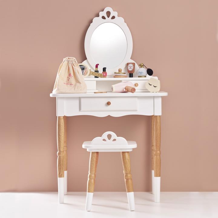 Dressing Table & Stool, Wooden - White/ Natural