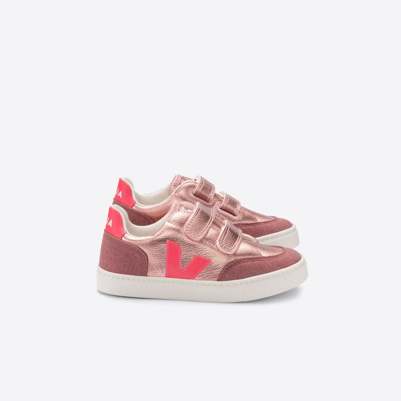 Veja Kids Shoes, V-12 ChromeFree Leather Velcro - Nacre Rose Fluo