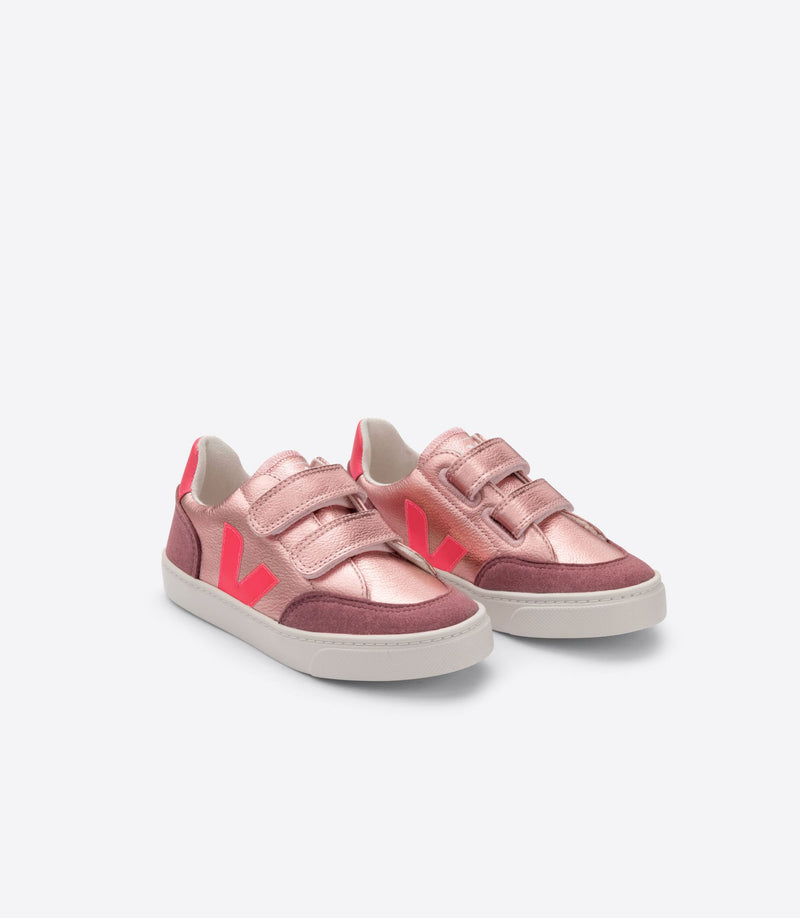 Veja Kids Shoes, V-12 ChromeFree Leather Velcro - Nacre Rose Fluo