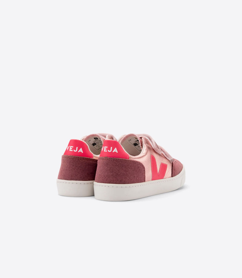 Veja Kids Shoes, V-12 ChromeFree Leather Velcro - Nacre Rose Fluo