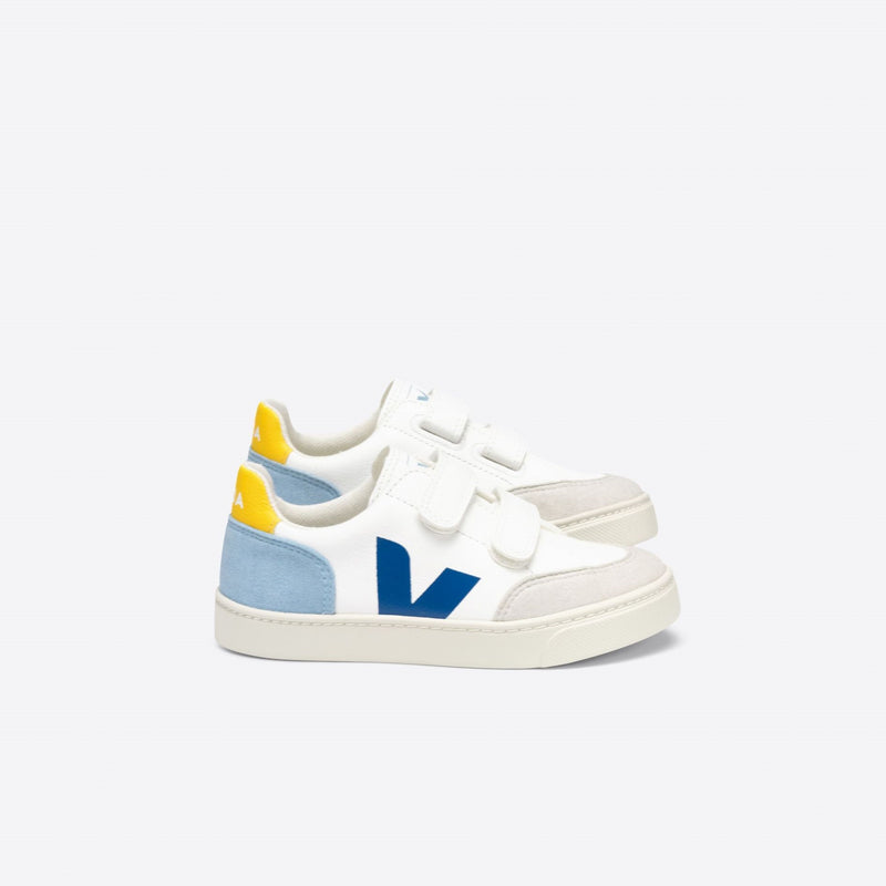 Veja Kids Shoes, V-12 ChromeFree Leather Velcro - White Multico Steel