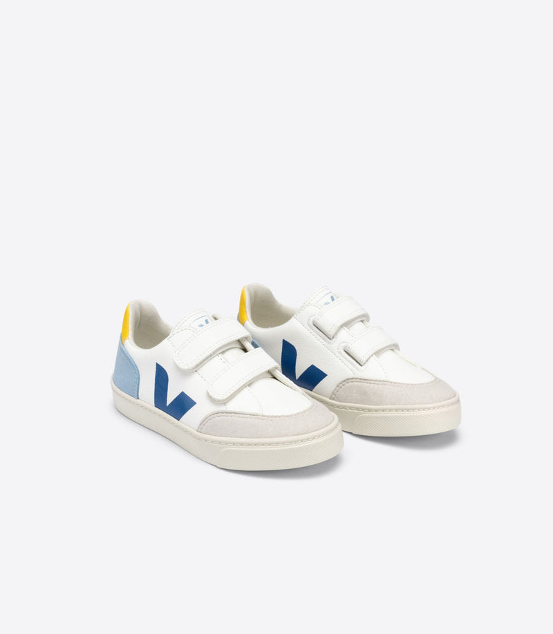Veja Kids Shoes, V-12 ChromeFree Leather Velcro - White Multico Steel