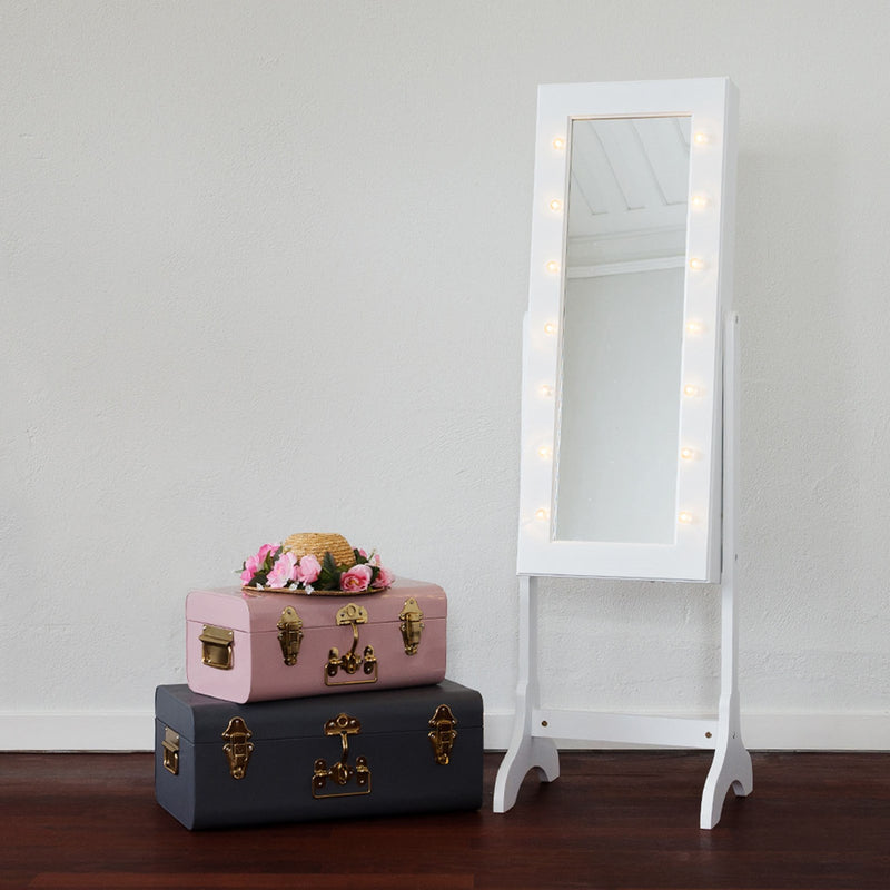 Floor Mirror & Jewellery Storage with LED Lights - White