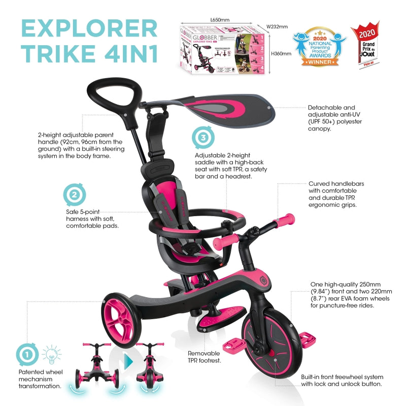 Globber - Tricycle 4-in-1 10 Months - 5 Years Explorer Pink - Swanky Boutique