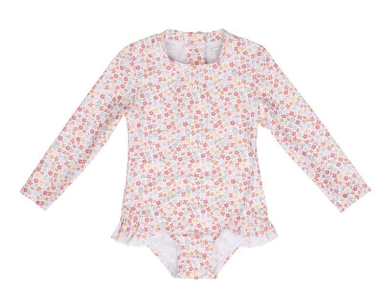 Swimsuit, Long Sleeves Ruffles - Summer Flowers (UPF 50+) Various Sizes
